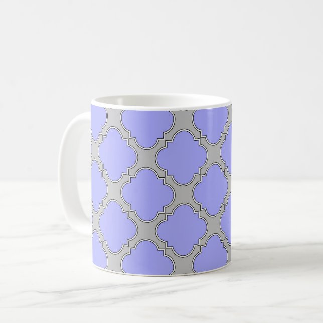 Quatrefoil periwinkle and gray coffee mug (Front Left)