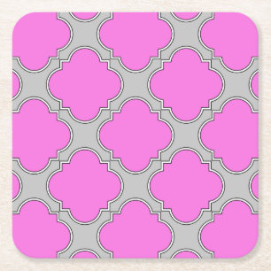 Quatrefoil pink and gray square paper coaster