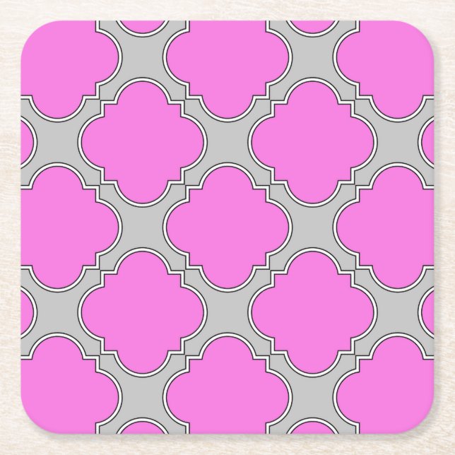 Quatrefoil pink and gray square paper coaster (Front)