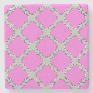 Quatrefoil pink and gray stone coaster
