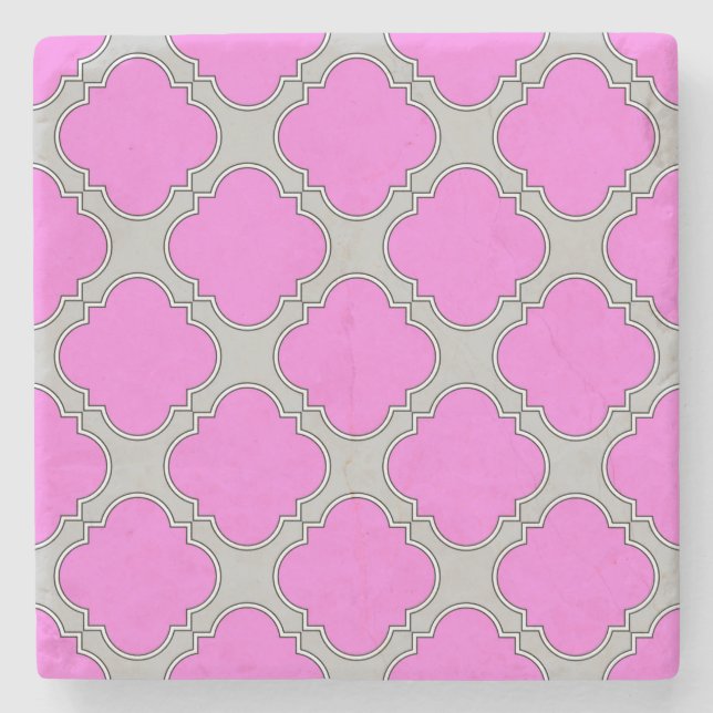 Quatrefoil pink and gray stone coaster (Front)