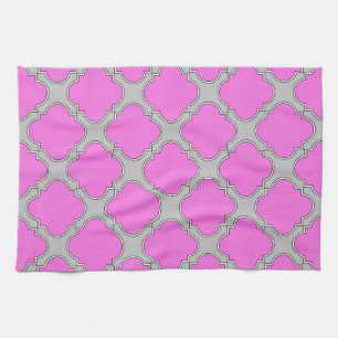 Quatrefoil pink and gray tea towel