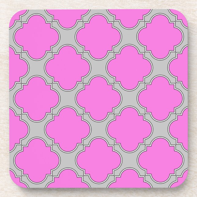 Quatrefoil pink and grey coaster (Front)