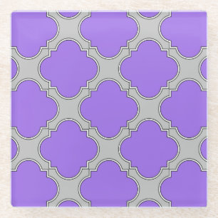Quatrefoil purple and gray glass coaster