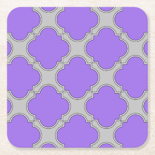Quatrefoil purple and gray square paper coaster