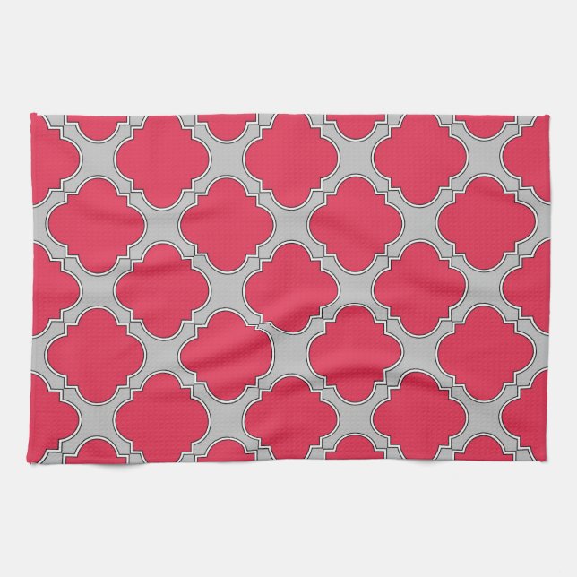 Quatrefoil red and grey tea towel (Horizontal)