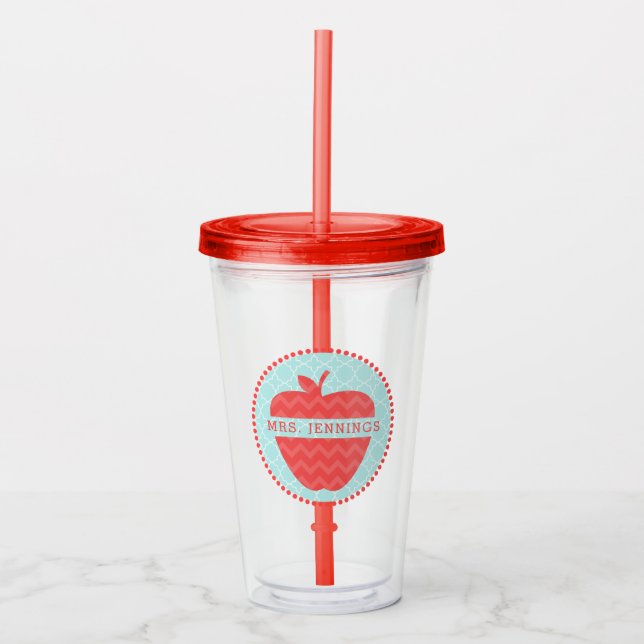 Quatrefoil Red Apple Personalised Teacher Acrylic Tumbler (Front)