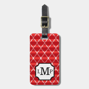 Quatrefoil Shadow Stripes Monogram red Luggage Tag