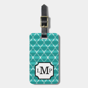 Quatrefoil Shadow Stripes Monogram teal Luggage Tag