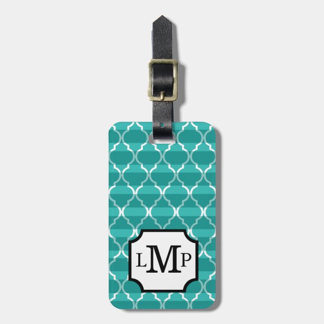 Quatrefoil Shadow Stripes Monogram | teal Luggage Tag (Front Vertical)