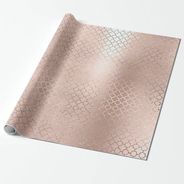 Quatrefoil Silver Glam Pink Rose Gold Art Deco Wrapping Paper (Unrolled)