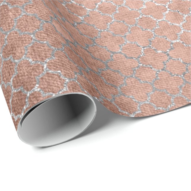 Quatrefoil Silver Glam Pink Rose Gold Shiny Wrapping Paper (Roll Corner)