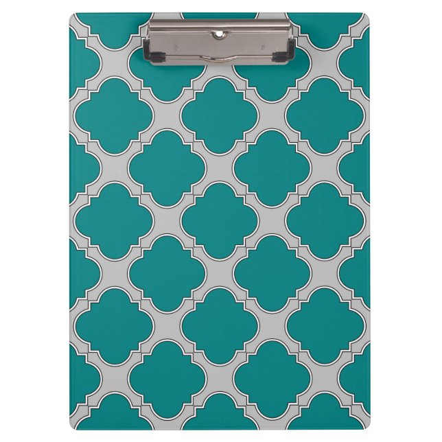 Quatrefoil teal and gray clipboard (Front)