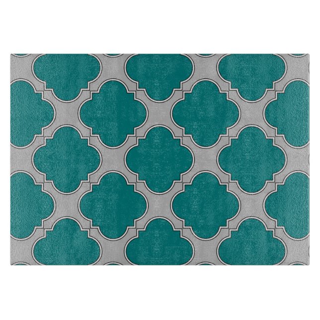 Quatrefoil teal and gray cutting board (Front)