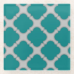 Quatrefoil teal and gray glass coaster