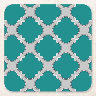 Quatrefoil teal and gray square paper coaster
