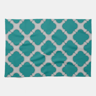 Quatrefoil teal and gray tea towel
