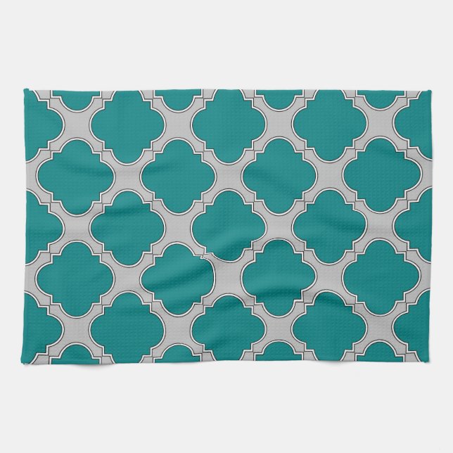 Quatrefoil teal and gray tea towel (Horizontal)