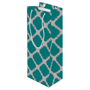 Quatrefoil teal and gray wine gift bag