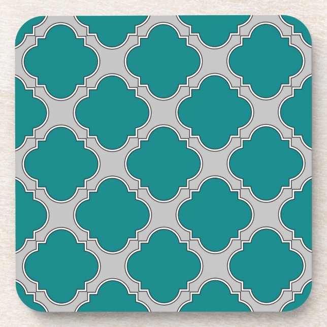 Quatrefoil teal and grey coaster (Front)