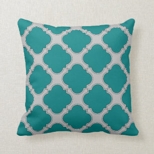 Quatrefoil teal and grey cushion