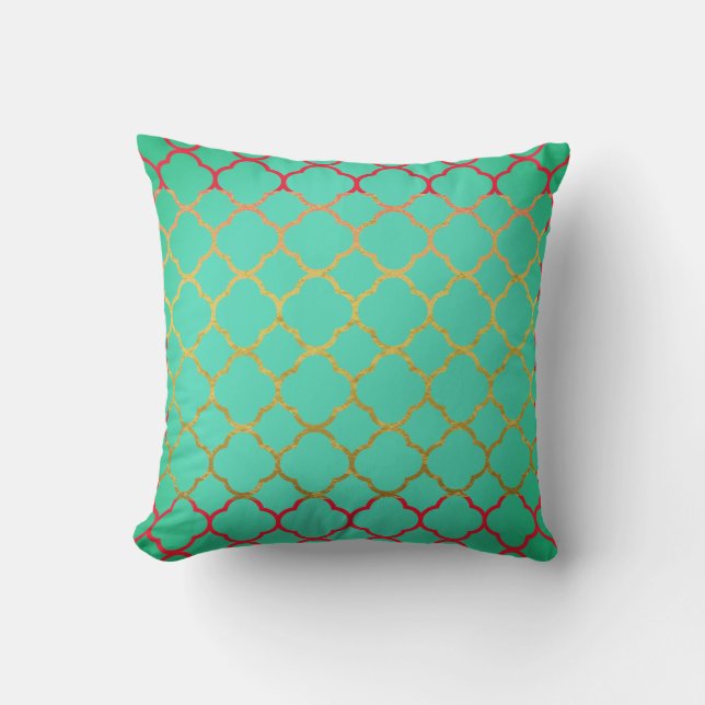 Quatrefoil Teal Blue Gold Seafoam Green Red Cushion (Front)