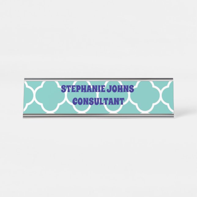 Quatrefoil Teal Blue White Name Text Template 2020 Desk Name Plate (Front)