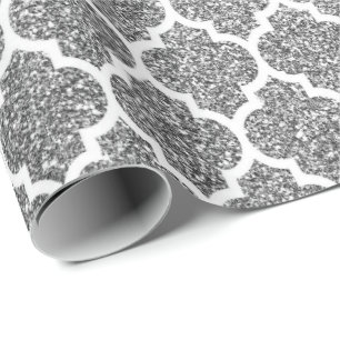 Quatrefoil White Art Deco Gray Silver Glitter Wrapping Paper