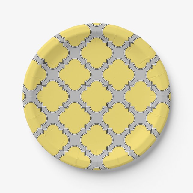 Quatrefoil yellow and gray paper plate (Front)