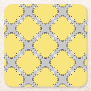 Quatrefoil yellow and gray square paper coaster