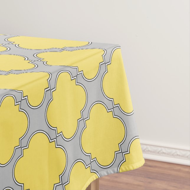 Quatrefoil yellow and grey tablecloth (In Situ)