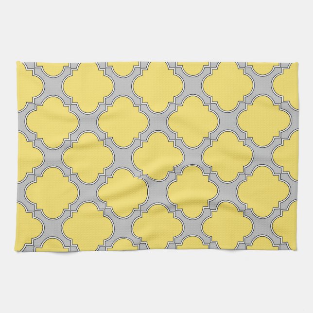 Quatrefoil yellow and grey tea towel (Horizontal)