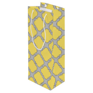 Quatrefoil yellow and grey wine gift bag