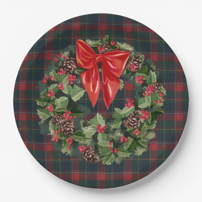Quebec  Provincial Tartan Christmas Wreath Paper Plate (Front)