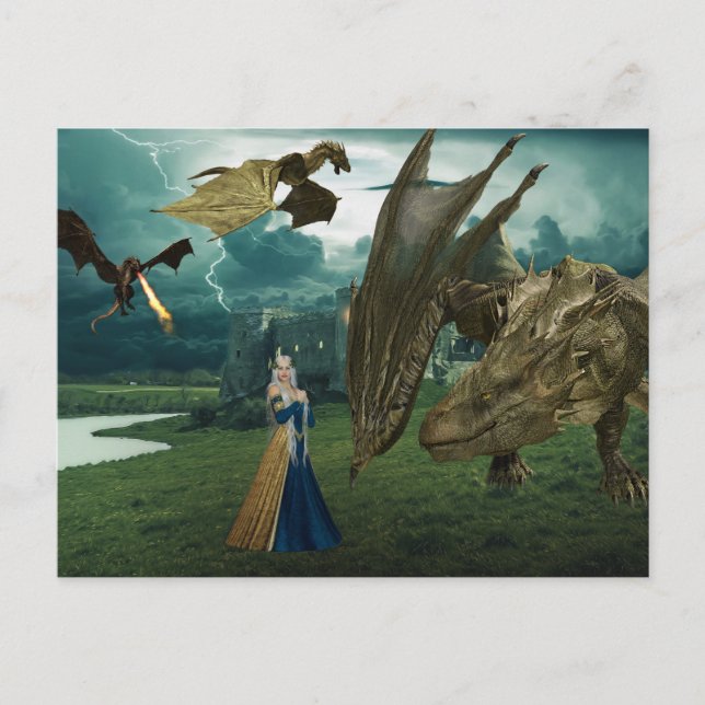 Queen and Dragons Wyvern Fire Breathing Castle Postcard (Front)