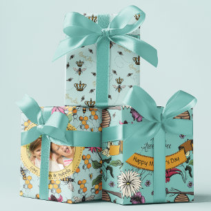 Queen Bee and Gold Crown Turquoise Blue Wrapping Paper Sheet