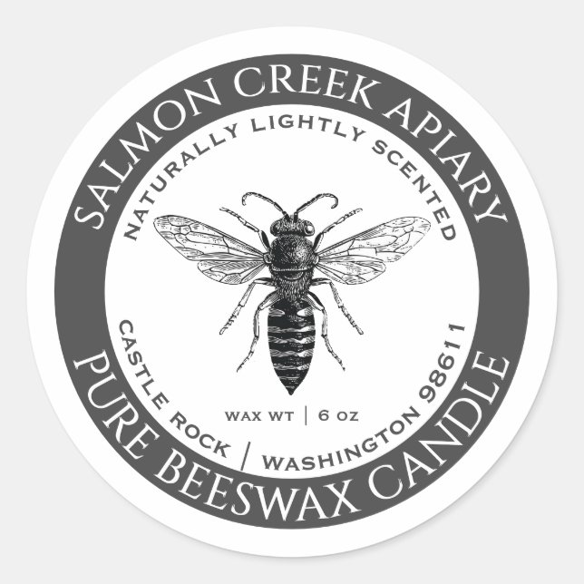Queen Bee Beeswax Candle Label Grey Beekeeper (Front)