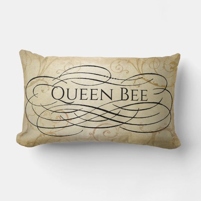 Queen Bee Black Typography Gold Damask Lumbar Cushion (Front)