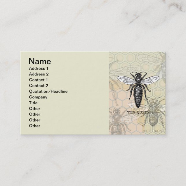 Queen Bee Bug Insect Antique Illustration Business Card (Front)