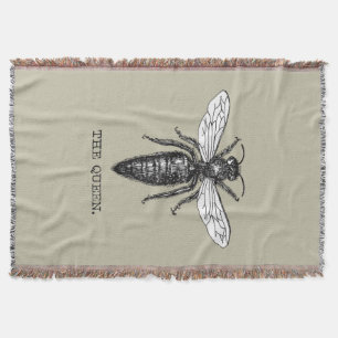 Queen Bee Bug Insect Antique Illustration Throw Blanket