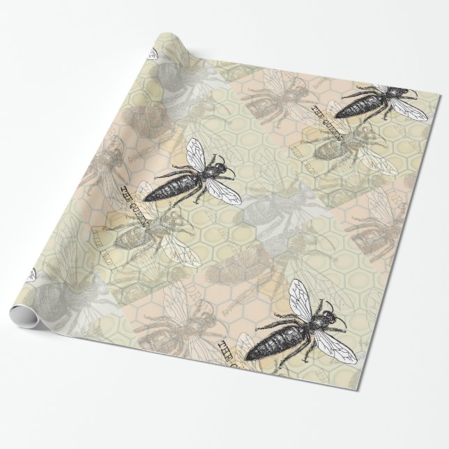 Queen Bee Bug Insect Antique Illustration Wrapping Paper (Unrolled)