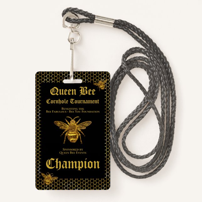 Queen Bee Cornhole Tournament Fundraiser Champion ID Badge (Front with Lanyard)