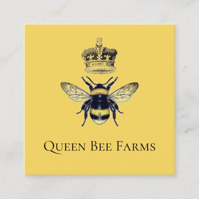 Queen Bee Crown Farm Apiary Yellow Gold Square Business Card (Front)