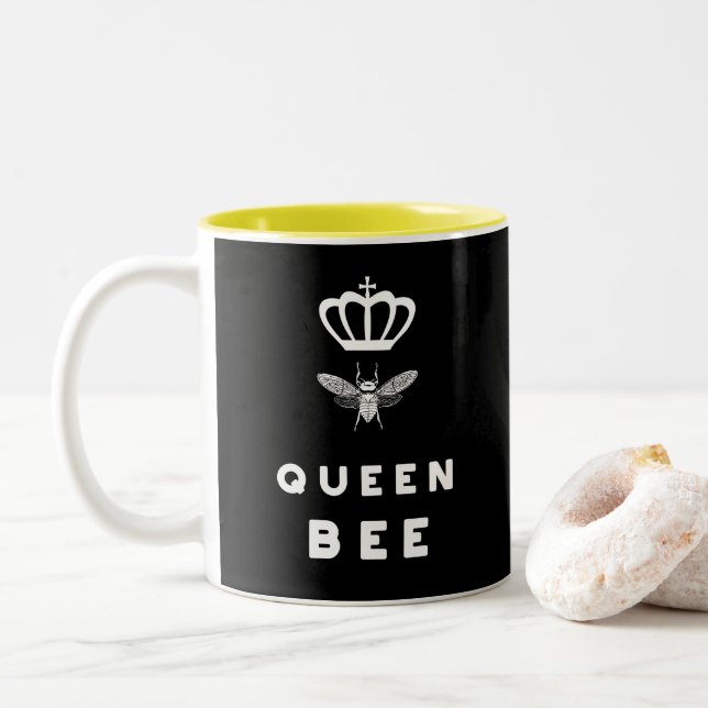 Queen Bee. Crown. Funny Cute Sayings. Two-Tone Coffee Mug (With Donut)
