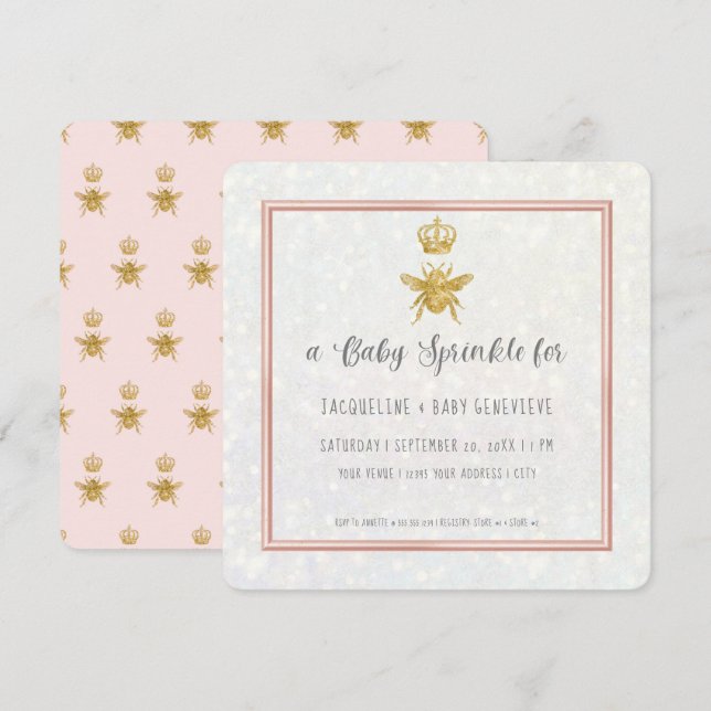 Queen Bee Crown Gold Glitter Pink Elegant Girl Invitation (Front/Back)
