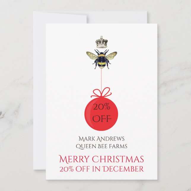 Queen Bee Crown Honey White Business Holiday Card (Front)