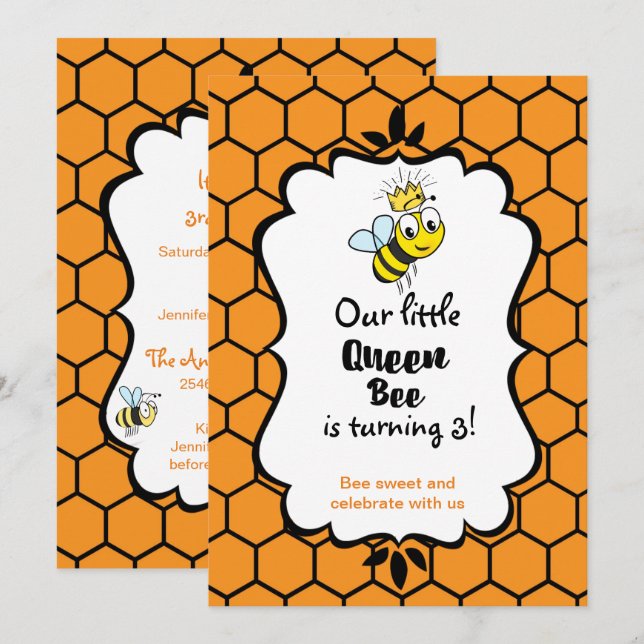 Queen Bee Cute Bumble Bee with Crown Birthday Invitation (Front/Back)