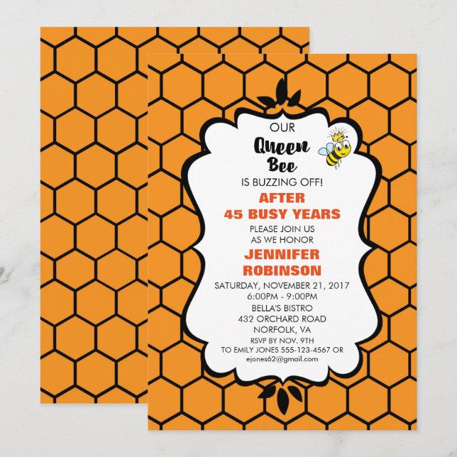 Queen Bee Cute Bumble Bee with Crown Retirement Invitation (Front/Back)