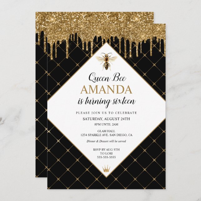 Queen Bee Dripping Honey Birthday Invitation (Front/Back)