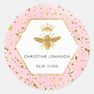 queen bee faux glitter pink watercolor classic round sticker